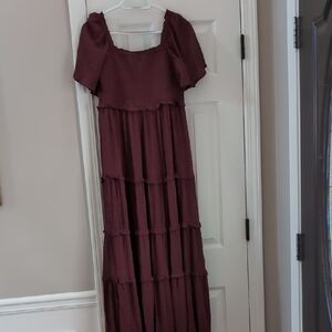 Baltic Born Lenora Smocked Dotted Maxi Dress in Wine